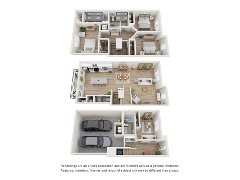 Three floor plans of a house with a kitchen, living room, and bedrooms.